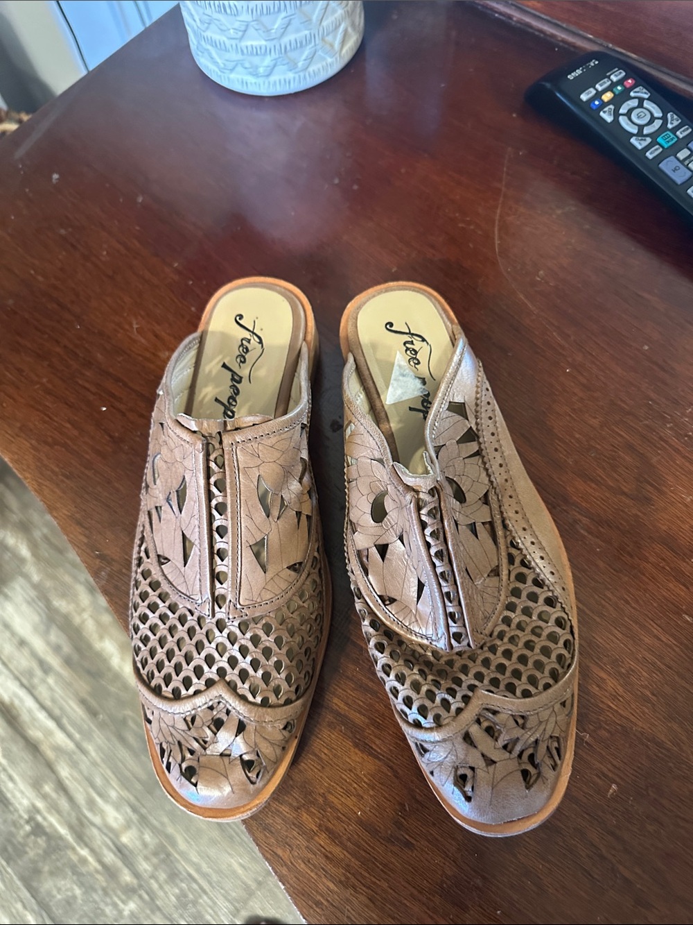 Free People Tan Laser-Cut Leather Slip-On Clogs